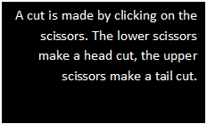 Text Box: A cut is made by clicking on the scissors. The lower scissors make a head cut, the upper scissors make a tail cut.